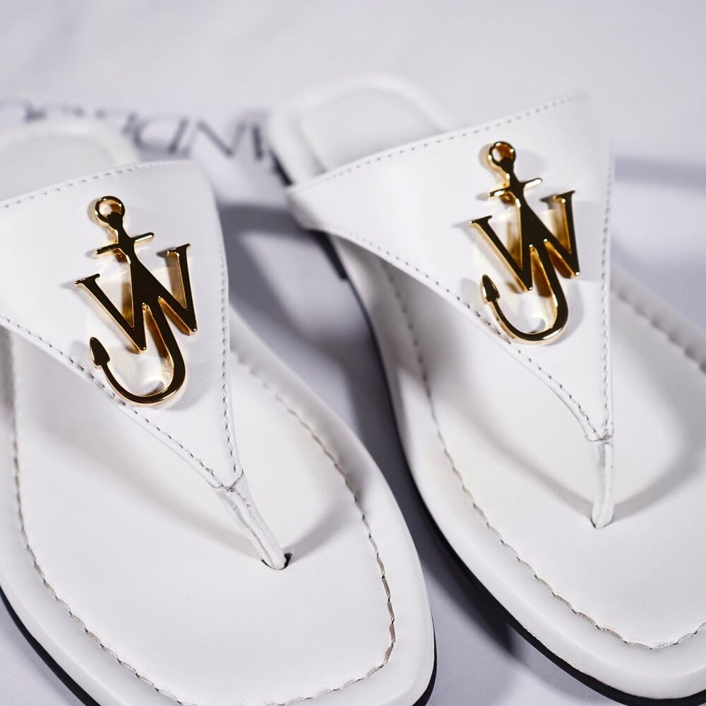 JW Anderson Leather Thong Sandals White Gold Anchor Logo Womens Size 36 Designer - Picture 1 of 7